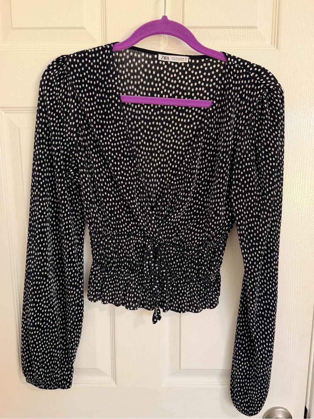 Zara Black & White Polka Dot Tie-Front Blouse